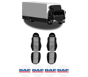 Set Huse Scaune Camion Tir DAF CF 65 din 2001-2013, Auto, Model CLASSIC, Culoare Gri, 4x Stickere auto cu DAF