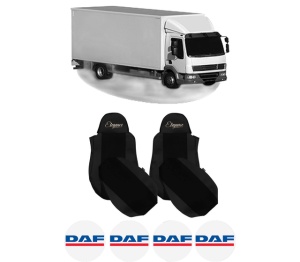Set Huse Scaune Camion Tir DAF LF 45 din 2001-2009, Auto, Model ELEGANCE S, Culoare Negru, 4x Stickere auto cu DAF