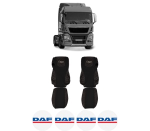 Set Huse Scaune Camion Tir DAF TGX I din 2006-2021, Auto, Model ELEGANCE Q, Culoare Negru/Rosu, 4x Stickere auto cu DAF