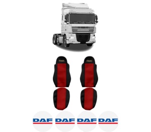 Set Huse Scaune Camion Tir DAF XF 105 din 2005-2013, Auto, Model CLASSIC, Culoare Rosu, 4x Stickere auto cu DAF