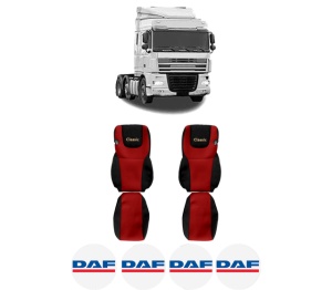 Set Huse Scaune Camion Tir DAF XF 105 din 2005-2013, Auto, Model CLASSIC, Culoare Rosu, 4x Stickere auto cu DAF