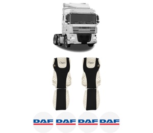 Set Huse Scaune Camion Tir DAF XF 105 din 2005-2013, Auto, Model ELEGANCE Q, Culoare Bej, 4x Stickere auto cu DAF