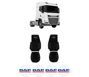 Set Huse Scaune Camion Tir DAF XG din 2021, Auto, Model ELEGANCE S, Culoare Negru, 4x Stickere auto cu DAF