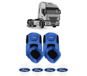 Set Huse Scaune Camion Tir FORD STRALIS II din 2012-2017, Auto, Model ELEGANCE S, Culoare Albastru, 4x Stickere auto cu FORD