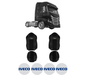 Set Huse Scaune Camion Tir Iveco S-WAY din 2019-2023, Auto, Model ELEGANCE Q, Culoare Negru, 4x Stickere auto cu Iveco