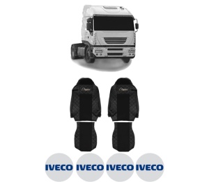 Set Huse Scaune Camion Tir Iveco STRALIS I din 2002-2013, Auto, Model ELEGANCE Q, Culoare Negru, 4x Stickere auto cu Iveco