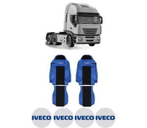 Set Huse Scaune Camion Tir Iveco STRALIS II din 2012-2017, Auto, Model ELEGANCE Q, Culoare Albastru, 4x Stickere auto cu Iveco