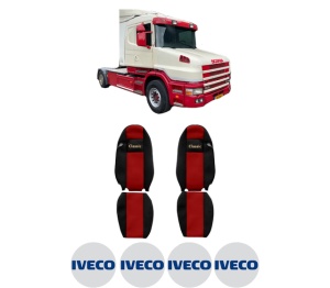 Set Huse Scaune Camion Tir Iveco T din 2004-2019, Auto, Model CLASSIC, Culoare Rosu, 4x Stickere auto cu Iveco