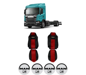 Set Huse Scaune Camion Tir MAN G II din 2017-2023, Auto, Model CLASSIC, Culoare Rosu, 4x Stickere auto cu MAN