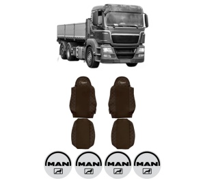 Set Huse Scaune Camion Tir MAN TGS I din 2005-2022, Auto, Model ELEGANCE Q, Culoare Maro, 4x Stickere auto cu MAN