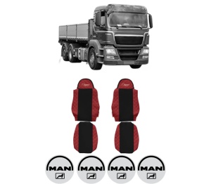 Set Huse Scaune Camion Tir MAN TGS I din 2005-2022, Auto, Model ELEGANCE Q, Culoare Rosu, 4x Stickere auto cu MAN
