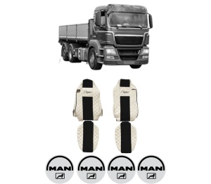 Set Huse Scaune Camion Tir MAN TGS I din 2005-2022, Auto, Model ELEGANCE Q, Culoare Bej, 4x Stickere auto cu MAN