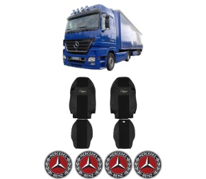 Set Huse Scaune Camion Tir MERCEDES-BENZ ACTROS MP2 / MP3 din 2002-2009, Auto, Model ELEGANCE Q, Culoare Negru, 4x Stickere auto cu MERCEDES-BENZ