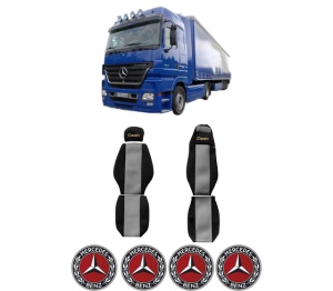 Set Huse Scaune Camion Tir MERCEDES-BENZ ACTROS MP2 / MP3 din 2002-2009, Auto, Model CLASSIC, Culoare Gri, 4x Stickere auto cu MERCEDES-BENZ