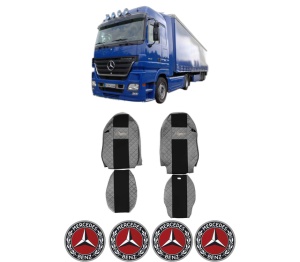 Set Huse Scaune Camion Tir MERCEDES-BENZ ACTROS MP2 / MP3 din 2002-2009, Auto, Model ELEGANCE Q, Culoare Gri, 4x Stickere auto cu MERCEDES-BENZ