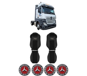 Set Huse Scaune Camion Tir MERCEDES-BENZ ACTROS MP4 / MP5 din 2011-2024, Auto, Model ELEGANCE Q, Culoare Negru, 4x Stickere auto cu MERCEDES-BENZ