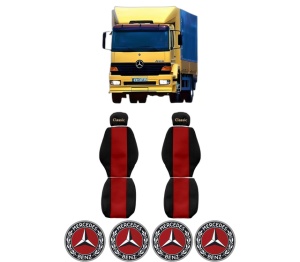 Set Huse Scaune Camion Tir MERCEDES-BENZ ATEGO din 1998-2004, Auto, Model CLASSIC, Culoare Rosu, 4x Stickere auto cu MERCEDES-BENZ