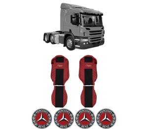 Set Huse Scaune Camion Tir MERCEDES-BENZ P I din 2003-2019, Auto, Model ELEGANCE Q, Culoare Rosu, 4x Stickere auto cu MERCEDES-BENZ