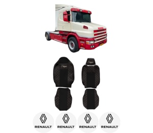 Set Huse Scaune Camion Tir RENAULT TRUCKS T din 2004-2019, Auto, Model ELEGANCE Q, Culoare Negru/Rosu, 4x Stickere auto cu RENAULT TRUCKS