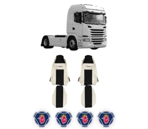 Set Huse Scaune Camion Tir SCANIA G I din 2003-2019, Auto, Model ELEGANCE Q, Culoare Bej, 4x Stickere auto cu SCANIA