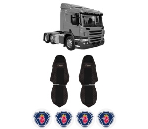 Set Huse Scaune Camion Tir SCANIA P I din 2003-2019, Auto, Model ELEGANCE Q, Culoare Negru/Rosu, 4x Stickere auto cu SCANIA