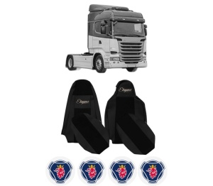 Set Huse Scaune Camion Tir SCANIA R I din 2004-2019, Auto, Model ELEGANCE S, Culoare Negru, 4x Stickere auto cu SCANIA