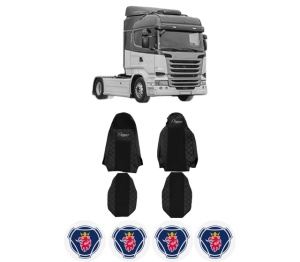 Set Huse Scaune Camion Tir SCANIA R I din 2004-2019, Auto, Model ELEGANCE Q, Culoare Negru, 4x Stickere auto cu SCANIA