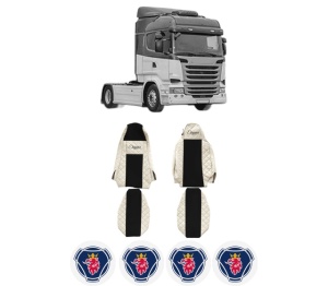 Set Huse Scaune Camion Tir SCANIA R I din 2004-2019, Auto, Model ELEGANCE Q, Culoare Bej, 4x Stickere auto cu SCANIA