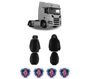 Set Huse Scaune Camion Tir SCANIA R II din 2016-2024, Auto, Model ELEGANCE Q, Culoare Negru, 4x Stickere auto cu SCANIA
