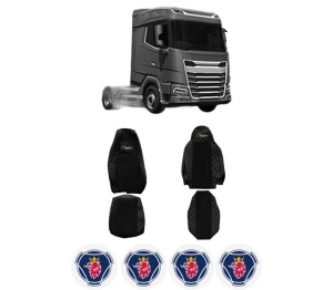Set Huse Scaune Camion Tir SCANIA XF II din 2021-2023, Auto, Model ELEGANCE Q, Culoare Negru, 4x Stickere auto cu SCANIA
