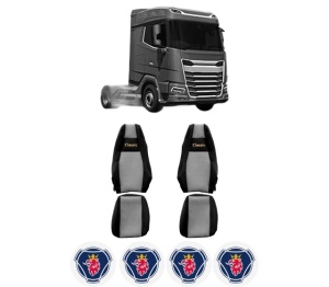 Set Huse Scaune Camion Tir SCANIA XF II din 2021-2023, Auto, Model CLASSIC, Culoare Gri, 4x Stickere auto cu SCANIA