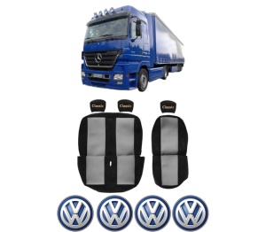 Set Huse Scaune Camion Tir VW ACTROS MP2 / MP3 din 2002-2009, Auto, Model CLASSIC, Culoare Rosu, 4x Stickere auto cu VW