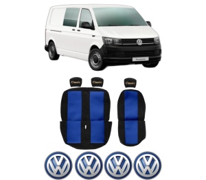 Set Huse Scaune Camion Tir VW TRANSPORTER T6 / CARAVELLE T6 Bus (SGB, SGJ, SHB, SHJ) din 2015-2024, Auto, Model CLASSIC, Culoare Rosu, 4x Stickere auto cu VW