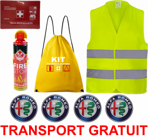 Set Kit siguranta auto cu saculet compact ce contine - Stingator spray 1kg, Trusa Medicala omolgata R.A.R, vesta reflectorizanta, stickere ALFA ROMEO , compatibil cu orice autoturism accesorii pentru autoturismul tau - masina v68308