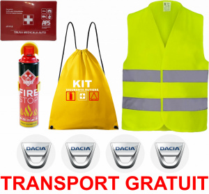 Set Kit siguranta auto cu saculet compact ce contine - Stingator spray 1kg, Trusa Medicala omolgata R.A.R, vesta reflectorizanta, stickere DACIA , compatibil cu orice autoturism accesorii pentru autoturismul tau - masina v68288