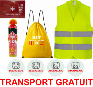 Set Kit siguranta auto cu saculet compact ce contine - Stingator spray 1kg, Trusa Medicala omolgata R.A.R, vesta reflectorizanta, stickere HONDA , compatibil cu orice autoturism accesorii pentru autoturismul tau - masina v68268