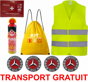 Set Kit siguranta auto cu saculet compact ce contine - Stingator spray 1kg, Trusa Medicala omolgata R.A.R, vesta reflectorizanta, stickere MERCEDES , compatibil cu orice autoturism accesorii pentru autoturismul tau - masina v68228