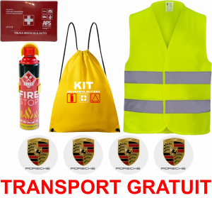 Set Kit siguranta auto cu saculet compact ce contine - Stingator spray 1kg, Trusa Medicala omolgata R.A.R, vesta reflectorizanta, stickere PORSCHE , compatibil cu orice autoturism accesorii pentru autoturismul tau - masina v68208