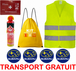 Set Kit siguranta auto cu saculet compact ce contine - Stingator spray 1kg, Trusa Medicala omolgata R.A.R, vesta reflectorizanta, stickere cadou SUBARU , compatibil cu orice autoturism accesorii pentru autoturismul tau - masina v68188