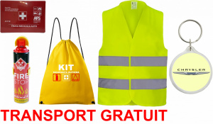 Set Kit siguranta auto cu saculet compact ce contine - Stingator spray 1kg, Trusa Medicala omolgata R.A.R, vesta reflectorizanta, Breloc cadou CHRYSLER , compatibil cu orice autoturism accesorii pentru autoturismul tau - masina v68148