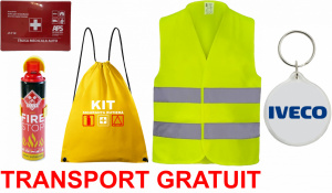 Set Kit siguranta auto cu saculet compact ce contine - Stingator spray 1kg, Trusa Medicala omolgata R.A.R, vesta reflectorizanta, Breloc cadou IVECO , compatibil cu orice autoturism accesorii pentru autoturismul tau - masina v68108