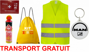 Set Kit siguranta auto cu saculet compact ce contine - Stingator spray 1kg, Trusa Medicala omolgata R.A.R, vesta reflectorizanta, Breloc cadou MAN , compatibil cu orice autoturism accesorii pentru autoturismul tau - masina v68088