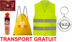 Set Kit siguranta auto cu saculet compact ce contine - Stingator spray 1kg, Trusa Medicala omolgata R.A.R, vesta reflectorizanta, Breloc cadou OPEL , compatibil cu orice autoturism accesorii pentru autoturismul tau - masina v68068