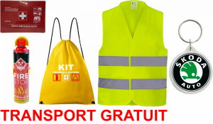 Set Kit siguranta auto cu saculet compact ce contine - Stingator spray 1kg, Trusa Medicala omolgata R.A.R, vesta reflectorizanta, Breloc cadou SKODA , compatibil cu orice autoturism accesorii pentru autoturismul tau - masina v68048