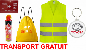 Set Kit siguranta auto cu saculet compact ce contine - Stingator spray 1kg, Trusa Medicala omolgata R.A.R, vesta reflectorizanta, Breloc cadou TOYOTA , compatibil cu orice autoturism accesorii pentru autoturismul tau - masina v68028