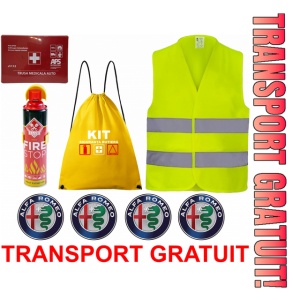 Set Kit siguranta auto cu saculet compact ce contine - Stingator spray 1kg, Trusa Medicala omolgata R.A.R, vesta reflectorizanta, stickere ALFA ROMEO , compatibil cu orice autoturism
