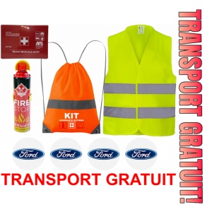 Set Kit siguranta auto cu saculet compact ce contine - Stingator spray 1kg, Trusa Medicala omolgata R.A.R, Vesta Reflectorizanta, Stickere Cadou FORD, compatibil cu orice autoturism