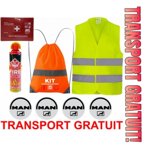 Set Kit siguranta auto cu saculet compact ce contine - Stingator spray 1kg, Trusa Medicala omolgata R.A.R, Vesta Reflectorizanta, Stickere Cadou MAN, compatibil cu orice autoturism