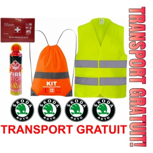 Set Kit siguranta auto cu saculet compact ce contine - Stingator spray 1kg, Trusa Medicala omolgata R.A.R, Vesta Reflectorizanta, Stickere Cadou SKODA, compatibil cu orice autoturism