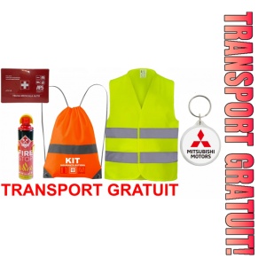 Set Kit siguranta auto cu saculet compact ce contine - Stingator spray 1kg, Trusa Medicala omolgata R.A.R, Vesta Reflectorizanta, Breloc Cadou MITSUBISHI, compatibil cu orice autoturism.